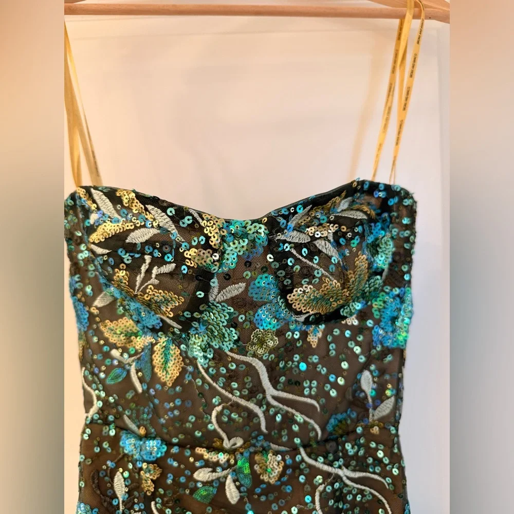 NWOT BRONX AND BANCO Dahlia Teal Multi Maxi Dress, Strapless Floral Gown - Picture 7 of 14